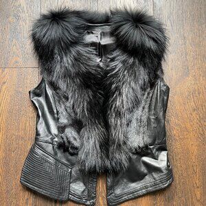 NWOT Black Leather Vest with Real Fox Fur XS